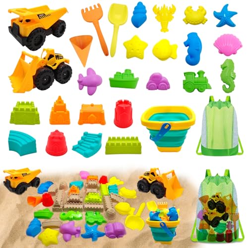 Corpower Sandspielzeug Set, 28 Stück Sandkasten Spielzeug Kinder, Mit Faltbarer Eimer, Baggerwagen, Burgsandform, Seetier-Sandform, Aufbewahrungsnetzbeutel, Junge Mädchen Sandspielzeug ab 3 Jahre
