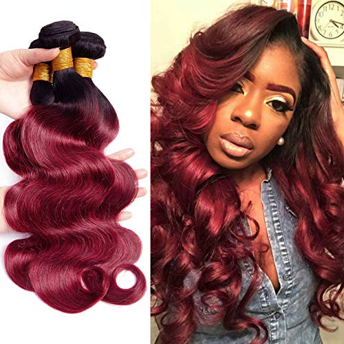 1B/99J Human Hair Bundles Ombre Hair Body Wave Two Tone Dark Root To Wine Red Burgundy Human Hair Bundles Virgin Brazilian Natural Hair Long 3 Bundles 22 24 26inch