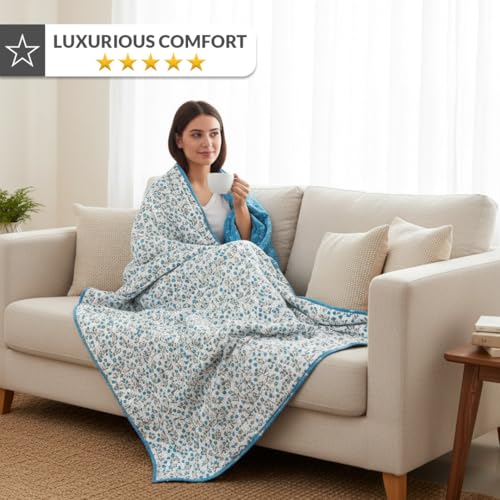 Image of HOMEMONDE 100% Cotton Reversible Dohar Double Bed Size | AC Blanket Comforter | Soft Lightweight Bed Blanket Quilt (84 x 94 Inch, Turquoise & White, Pack of 1)