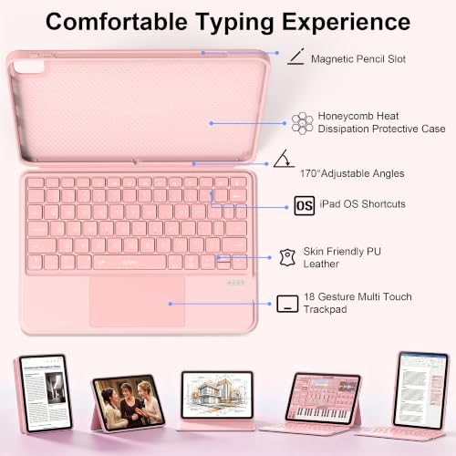 Image of WIWU iPad Air M4 11 inch Case Keyboard 11 /10th Pro11 4 /3 /2 /1 Removable Pink | 3 in 1 Magnetic Detachable Case with Keyboard Adjustable Stand Shortcut Backlit Touchpad for iPad Air 11 inch M2 /M3 /M4 Air 5 /4