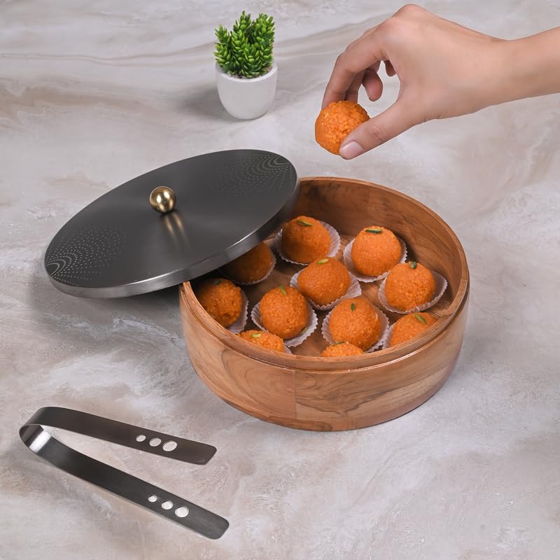 Image of Wooden Chapati Box for Kitchen - Casserole for Roti with Stainless Steel Brass Lid | Wooden Chapati Box with 1 Tong | Traditional Kitchen Organizer - GunMetal (SunRays Laser Etching)
