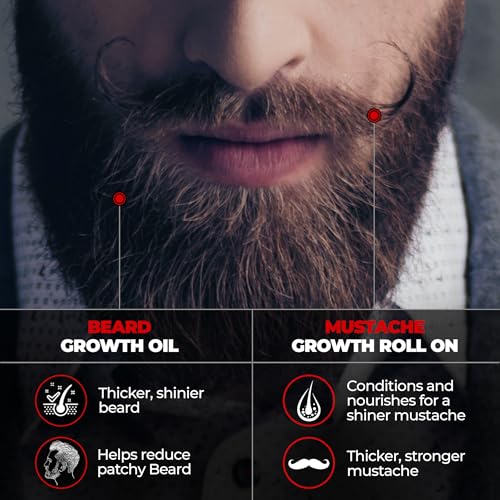 Image of Beard & Hair Growth Oil 50ml V2 with Mustache Growth Roll On 8ml for Men | Beard Growth Serum, Hair Regrowth Oil, Patchy Beard Solution, Thick Beard Kit for Men (Pack of 2)