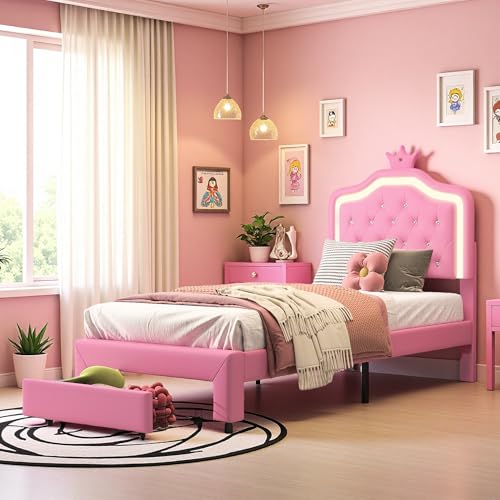 DAHUEN Mädchenbett 90x200, Einzelbett für Kinder mit Lattenrost und LED-Beleuchtung, Prinzessinnenbett für Mädchen, Rosa, mit verstellbarem, gepolstertem Kopfteil in Kronenform, Rosa