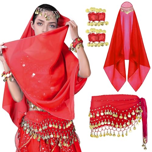 SEAUR Accessoires de Danse du Ventre 3 Ensembles Pièces de Monnaie Mousseline Ceinture Foulard et Bracelets Danse Orientale Femme