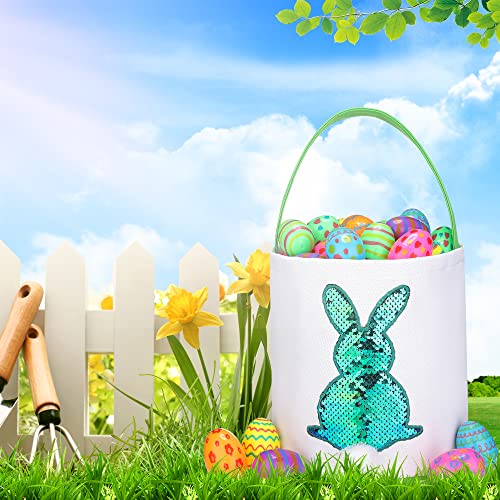 Image of Easter Baskets for Kids - Boys and Girls Easter Egg Hunt Baskets, Cute Sequin Rabbit Bunny Printed Canvas Gift Basket for Baby, Easter Decorations Party Supplies (G-Green and Pink)