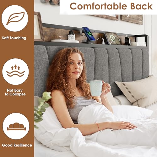 Image of GAOMON Full Size Bed Frame with Storage Headboard and 2 Drawers, Linen Upholstered Platform Bed Frame with Charging Station, Heavy Duty, No Box Spring Needed, Easy Assembly, Noise Free, Grey&Brown