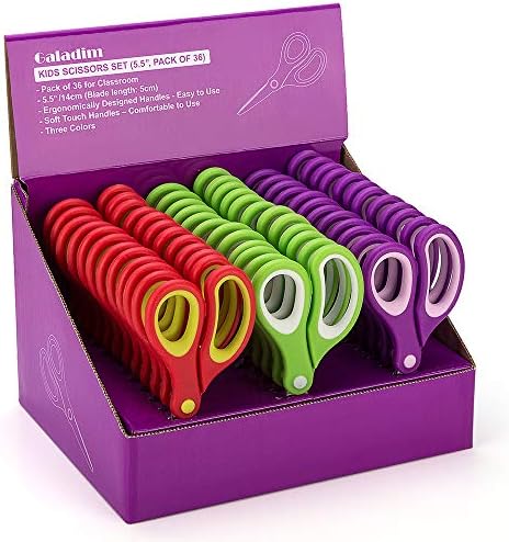 Galadim Kids Scissors (36 Count Teacher Pack, Pointed-tip, 5.5 Inch) - 5.5’’ Soft Touch Pointed School Student Scissors Shears GD-016-P-M (Pack of 36)