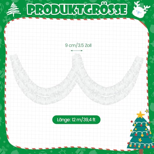 12M x 1 Stück Weihnachtsbaum Girlande Glitzer,9cm Weihnachtsgirlande Lametta,Weiß Weihnachten Deko Girlande für Weihnachten,Weihnachtsbaum Dekorieren