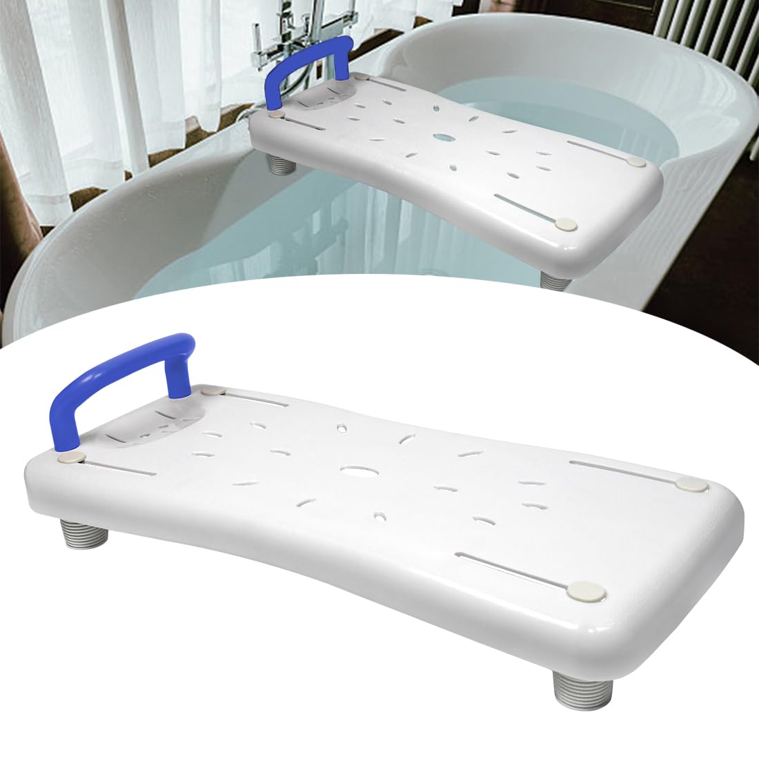 NAIZY - Sedile per vasca da bagno, 70x31 cm, per anziani e adulti, 41-63 cm regolabili, sedile per vasca in PP, MAX. 150 kg, colore: Blu con maniglia
