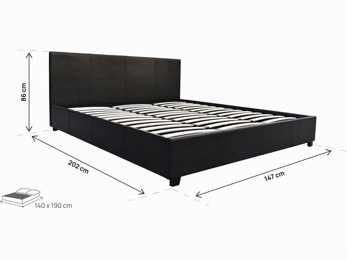 Habitat et Jardin - Lit Double Carla en Simili Noir avec Coffre Rangements 140 x 190 cm | Cadre de Lit 2 Places Design | Sommier à Lattes et Tête de Lit Inclus