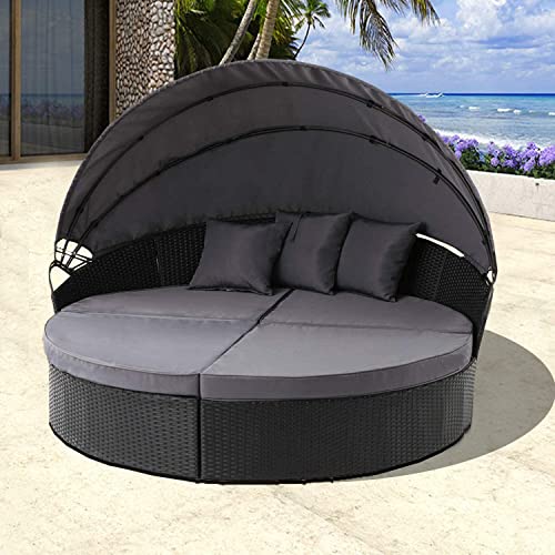 Patiomore Patio Round Daybed with Retractable Canopy, Outdoor Furniture with Washable Cushions for Patio Backyard Porch,Clamshell Sectional Seating Wicker Black