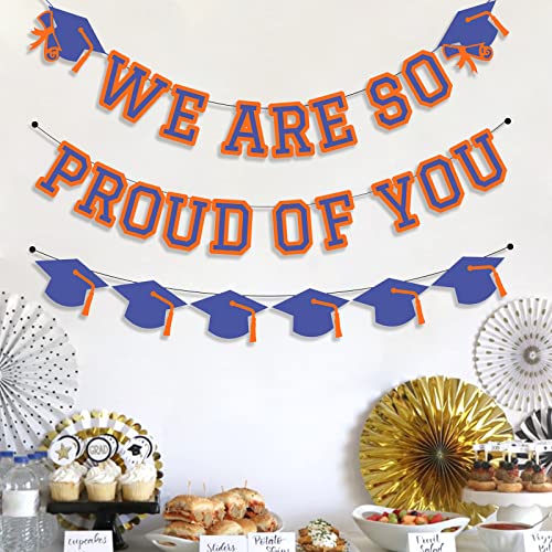 Image of We Are So Proud Of You Banner Graduation Party Decorations Congrats Grad Cap Garlands Wall Sign Blue And Orange