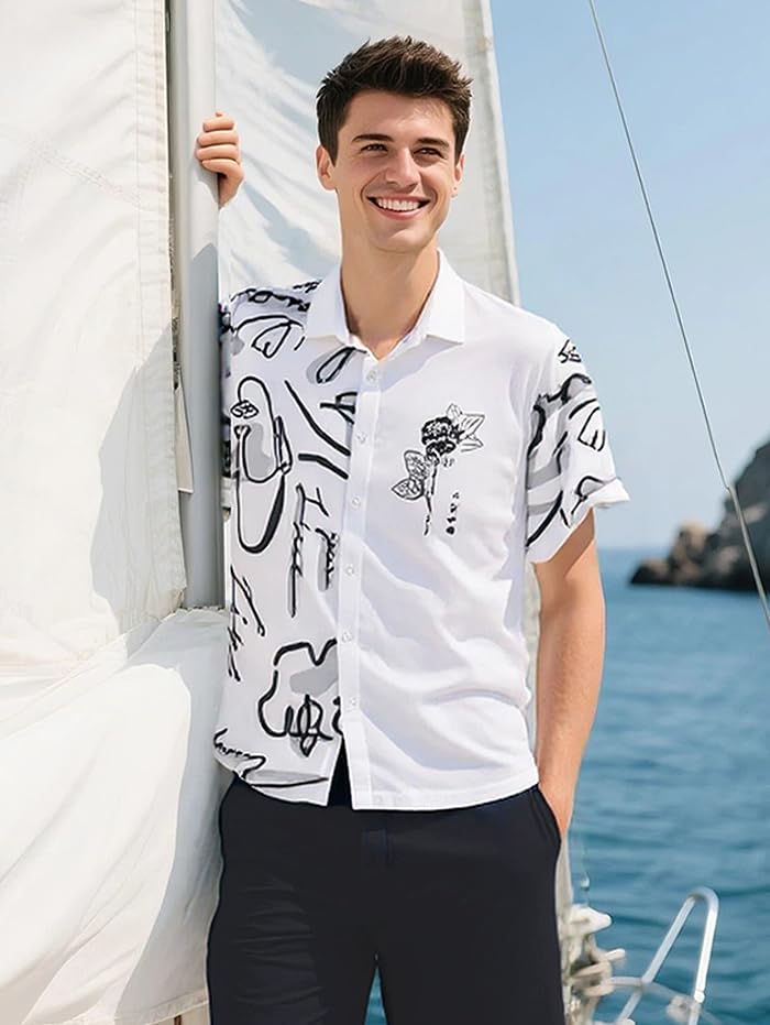 ZAFUL Men's Casual Graffiti Floral Rose Printed Two Tone Colorblock Button Front Short Sleeve Summer Graphic Shirt2