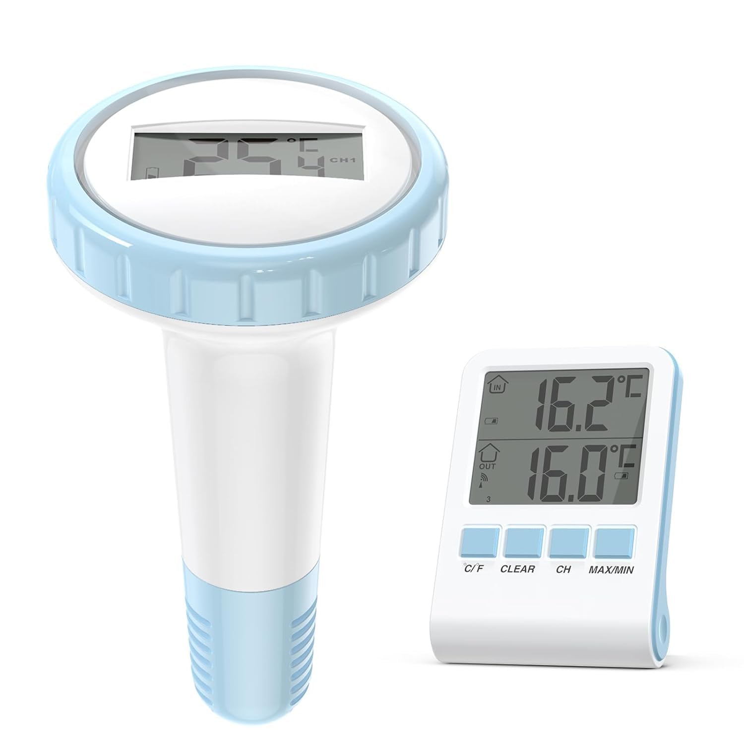 Juego de termómetro y receptor flotante para piscina, termómetro inalámbrico flotante de fácil lectura, termómetro digital para piscina flotante, termómetro impermeable IPX7 para exteriores, para