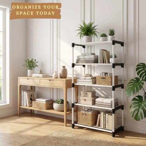 Image of NILUX Space-Saving Adjustable Storage Rack for Home and Office Use with Strong Plastic Shelves for Books and Accessories (White, Medium, 5)