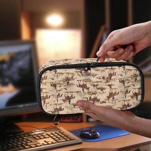 Image of Boys Pencil Case Cowboy Horse Pencil Pouch for Elementary Kids Cool Pencil Bag for Children Large Capacity Pen Box for Girls Adults Women Make Up Bag for Office Supplies,Beige