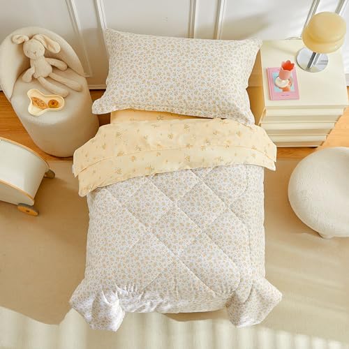 Image of DuShow 4 Piece Cotton Toddler Bedding Set for Girls,Pink Toddler Comforter Set Bed in a Bag,Reversible Floral Crib Bed Sheets Set Include Comforter,Flat Sheet,Fitted Sheet,Pillowcase