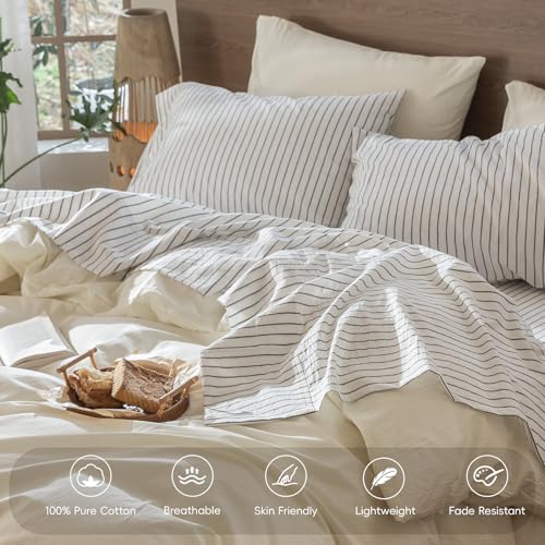 Image of MooMee Striped Sheet Set 100% Washed Cotton Linen Like King | Relaxed Linen-like Texture. Soft, Breathable & Lightweight Comfort. 15-19 inch Extra Deep Pocket with All-around Elastic