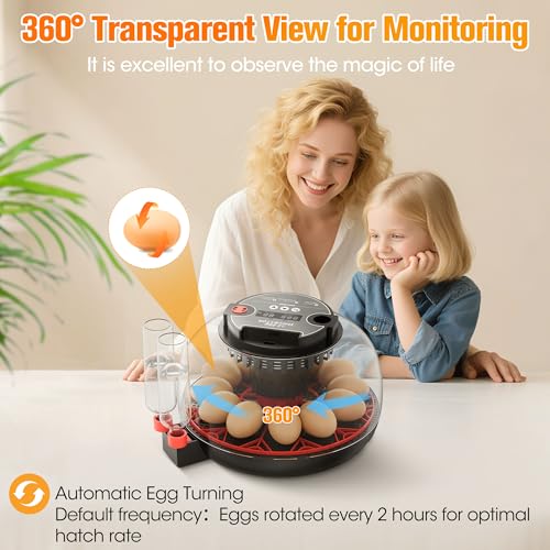 Incubators for Hatching Eggs,12 Egg Automatic Egg Turner with Temperature Humidity Control,Digital Display,Auto Alarm,360° Viewing for Chicken,Quail,Duck Eggs - Image 3