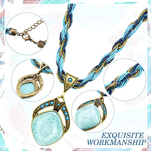 MTLEE 4 Pieces Bohemian Turquoise Necklaces for Women Retro Vintage Pendant Twist Woven Rope Jewelry Gifts Rhinestone Boho Collar Necklaces Bulk for Spring Easter Holiday Supplies3