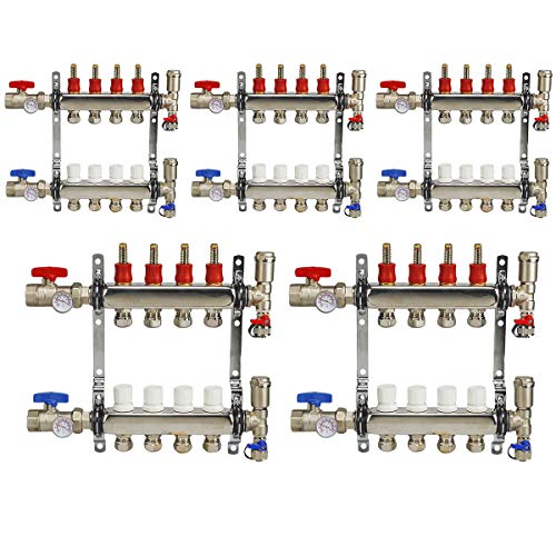 Midline Valve NQT104-5 PEX Manifold 1/2 in. for Radiant Heating System; with Valves, Vents, Gauges, and Mounting Brackets; Stainless Steel; 4 Port (5 Pack)