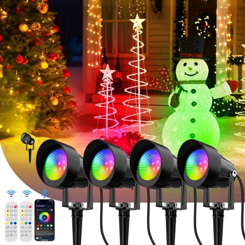 CREPOW Spot Lights Outdoor, Smart RGBW LED Color Changing Landscape Lighting with APP and Remote Control, Music Mode, DIY Scenes, Timing, IP65 Waterproof Spotlight Plug in for Yard Garden, 4 Pack