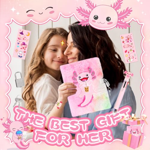 Image of Axolotl Diary For Girls With Lock And Keys, Girls Fuzzy Notebook Gift Set For Writing And Drawing