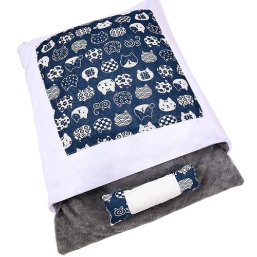 Cutdred 用寝具 ペットマット ペット用ベッド 冬 防寒 あったか 猫ベッド ペット用品 猫用ベッド 猫用寝袋 猫ベッドタイプ 猫布団 枕付き猫ハウス クッション ふわふわ あったか 布団 猫用寝具 犬 (L,紺色の日本猫)