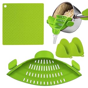 Clip On Strainer w/Silicone Trivet & 2 Silicone Oven Mitts – Clip On Strainer Silicone for All Pots and Pans and Bowls, Kitchen Food Strainer for Pasta & More – Unique Kitchen Gadgets