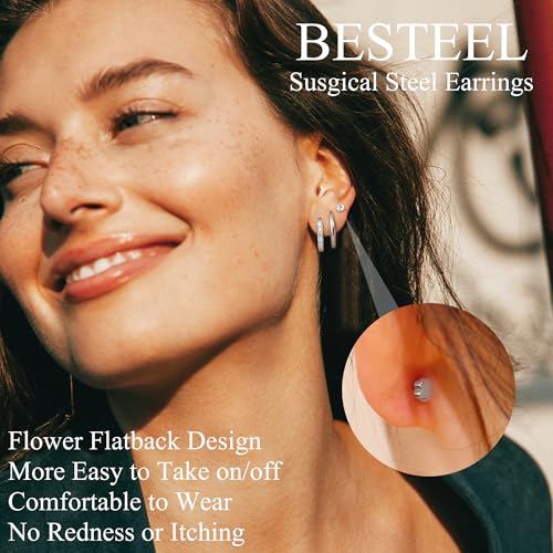 BESTEEL Hypoallergenic Surgical Steel Flat Back Earrings for Sensitive Ears | Silver Gold Small Stainless Steel Earrings for Women Men Tiny CZ Ball Flatback Earrings Cartilage Hoop Stud Earrings Set for Multiple Piercing 20G3