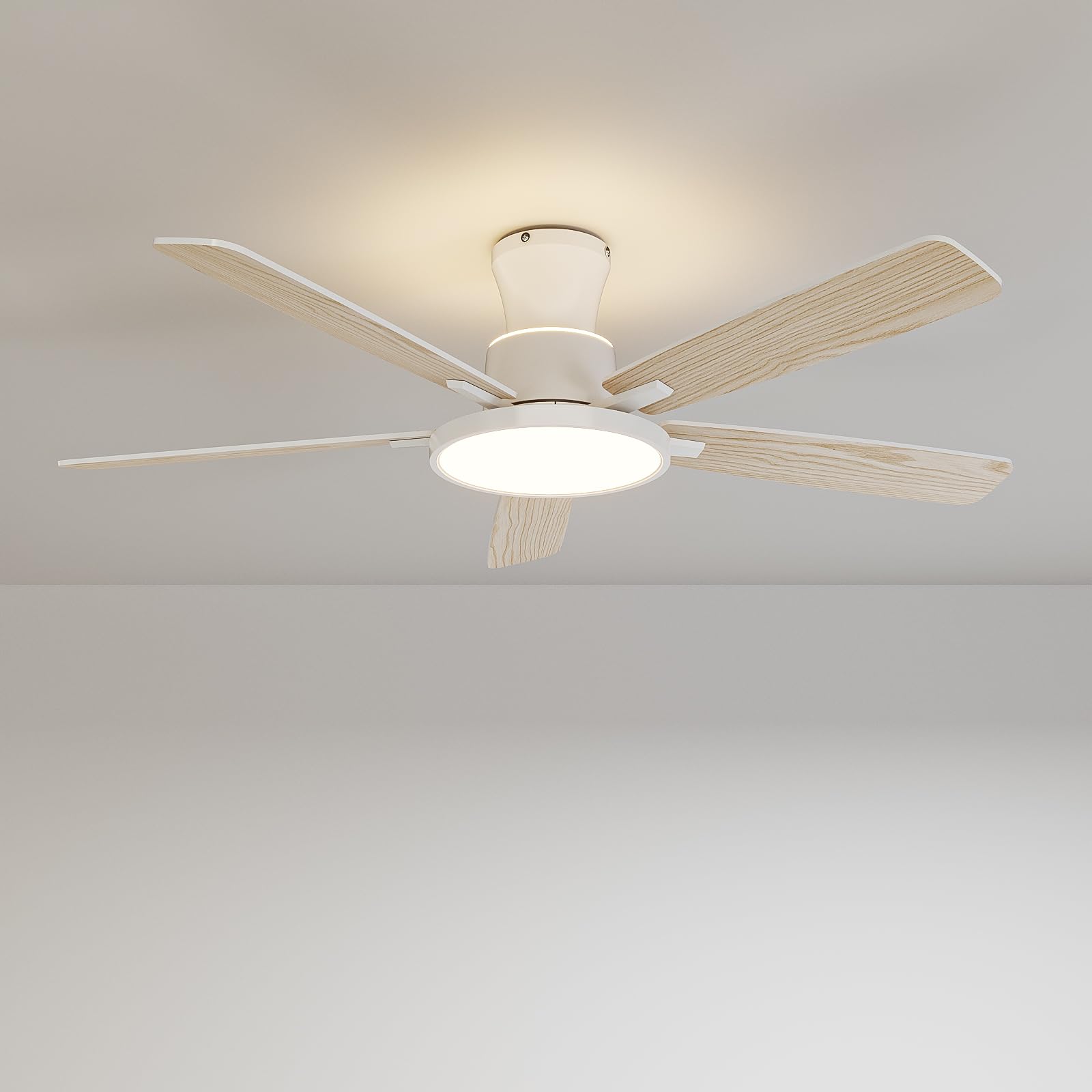 Ceiling Fans with Lights,52 inch,Nightlight,Quiet,Reversible Motor,6 Speeds,Timer, Low Profile Ceiling Fan for Bedroom,Living Room,Indoor/Outdoor Use (White)