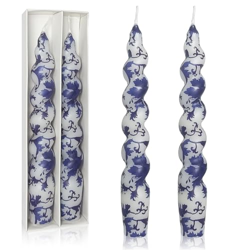 Unscented Floral Taper Candle Spiral Candlesticks - Set of 2 Blue and White Handmade Twisted Candle 7.5 Inch Cute Print Tapered Candles for Home Wedding Dinner Gifts