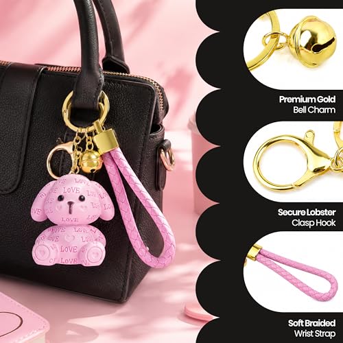 Image of Storite Bunny Keychain for Women & Girls, Cute Rabbit Bag Charm with Heart Pendant, Braided Strap & Bell, Fashion Key Ring for Handbags, Backpacks & Car Keys