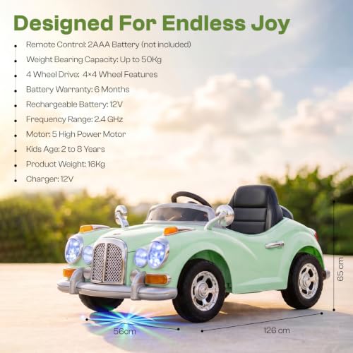 Image of Toyzone Vintage Electric Car (Green) | 12V Rechargeable Car for Kids with 8Ah Battery | LED Lights, Music, MP3 /USB /BT | Smooth Acceleration | 6M Battery Warranty | Age 2-9 Years, Upto 35 kg