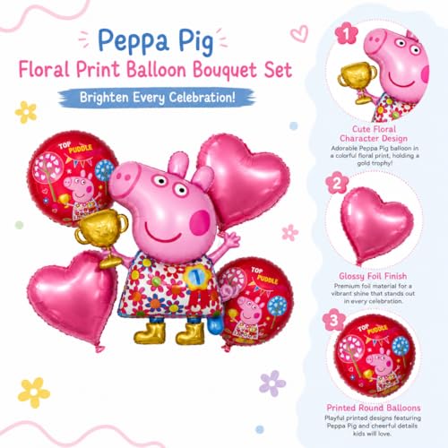 Image of Wanna Party Cute Pink Pig Floral Print Balloon Bouquet Set - 5PC Foil Balloon Decoration, Helium Supported for Kids Birthday, Farm Theme Party, Cake Table & Photo Booth Decor