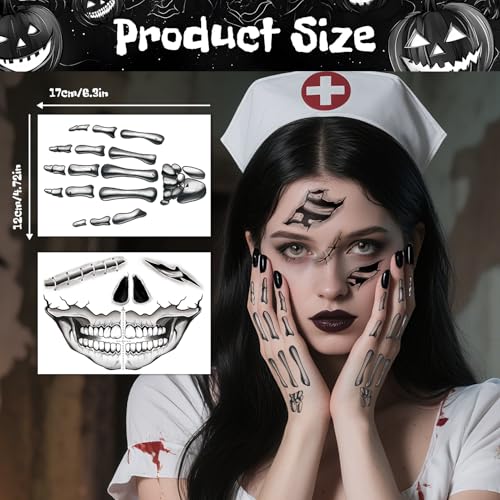 Acevegue Halloween Skelett Tattoo Gesicht 10 Blätter, Halloween Schminke Erwachsene Accessoires Damen Herren Gesichtstattoo, Make Up Mund Totenkopf Tattoo Sticker Aufkleber Kostüm Zubehör