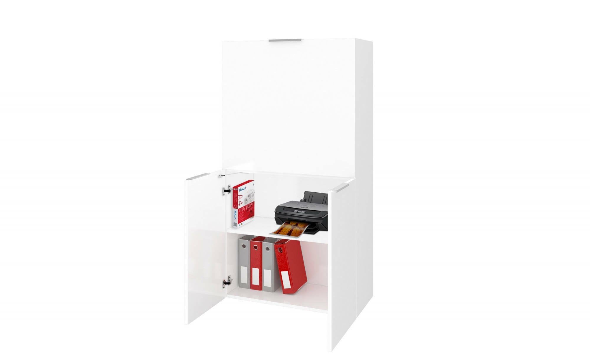 Dmora - Scrivania Gianpiero, Mobile multiuso con scaffali e piano da lavoro, Tavolo multiuso per ufficio, Scrivania salvaspazio multiposizione, 100% Made in Italy, cm 70x35h140, Bianco lucido