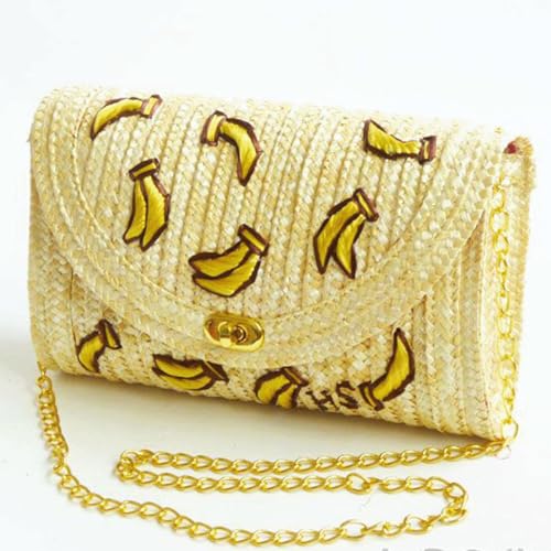 Banana Purse Straw Woven Banana Embroidered Crossbody Shoulder Bag with Chain Mini Trendy Fruit Purse for Women2