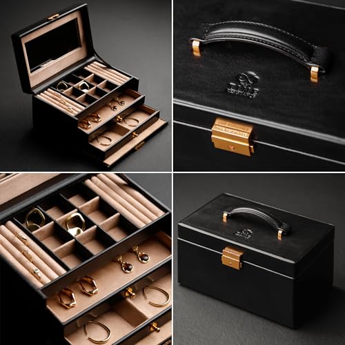 Image of Time Resistance Jewelry Box - Full Grain Leather Jewellery Organizer - Accessories Storage Key Lock - Jewellery Box (Black)