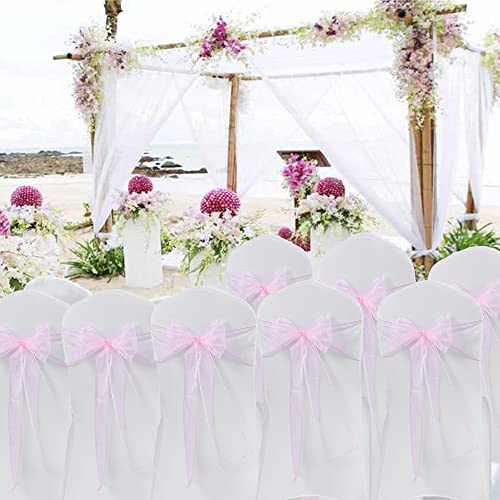 MAGTOWNE Organza Pink Chair Sashes Bows 50 Pack Universal Chiffon Chair Ties Ribbons Knots for Wedding Party Reception Banquet Decoration, Pink Bows for Chairs