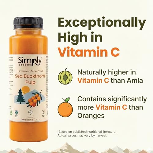 Image of Simply Staples Sea Buckthorn Pulp 300ml | 100% Pure Himalayan Berries | Rich in Omega 3 6 7 9 | No Sugar No Preservatives | Cold Processed Ayurvedic Fruit Pulp