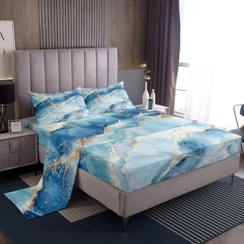 White Blue Marble Bed Sheet Set Girls Women Gold Glitter Stone Texture Sheet Sets Abstract Painted Art Bedding Set for Children Kids Boys Girly Luxury Bright Colorful Sheets Room Decor Queen Size 4Pcs