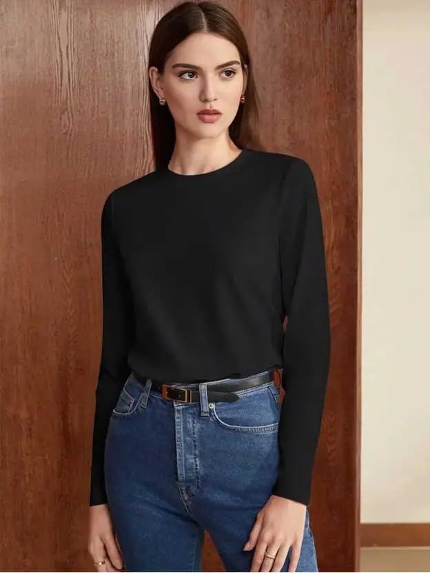 Image of JUNEBERRY Pure Cotton Round Neck Regular Fit Core Fashion Solid Full Sleeve T-Shirt for Women & Girls (Colors: Black, Cork, Green, Navy, Swanwhite & White)