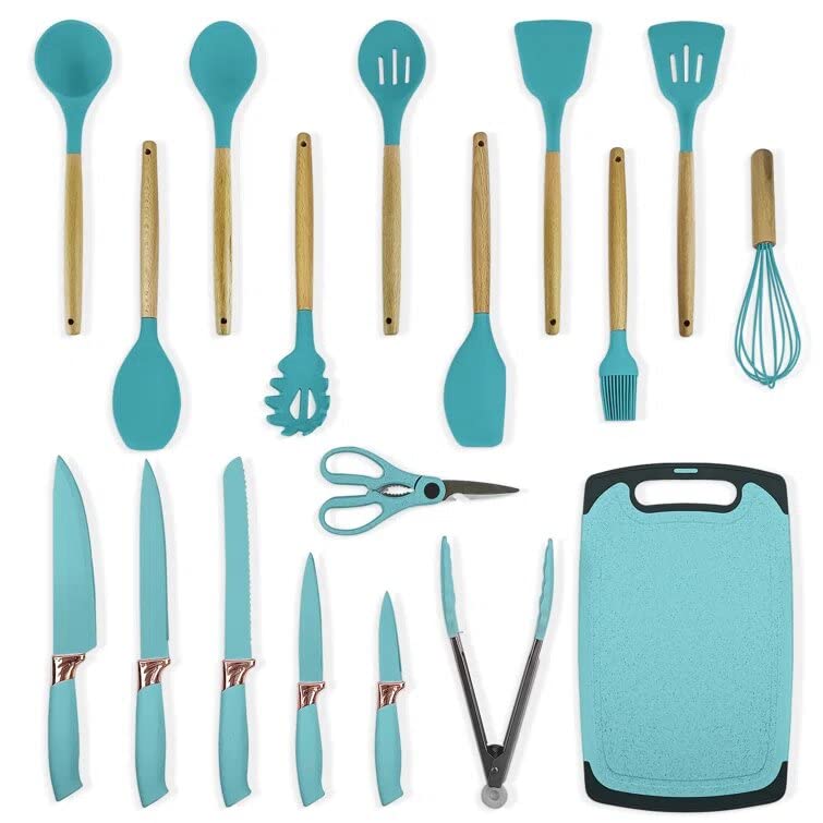 VIOKitchenware Cooking Utensils Set, Silicone Kitchen Gadgets Utensil Set for Nonstick Cookware with Wooden Handle, Spatula Spoon Turner, Non-Toxic & Non-Stick, Heat-Resistant (LIGHT GREEN)
