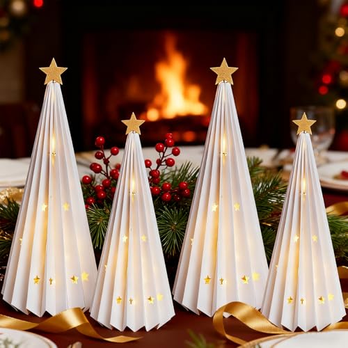 SUNBEAUTY 4 PCS White Paper Christmas Tree Honeycomb Christmas Tree with Light 3D Christmas Honeycomb Table Centerpiece Christmas Party Decorations Paper Trees for Home New Year Holiday Party Decor
