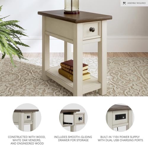 Image of Signature Design by Ashley Bolanburg Chairside End Table With Charging Station, Two-Tone Wood Accent Table With Drawer Storage, Plank Top Design for Living Room or Bedroom, Antique White