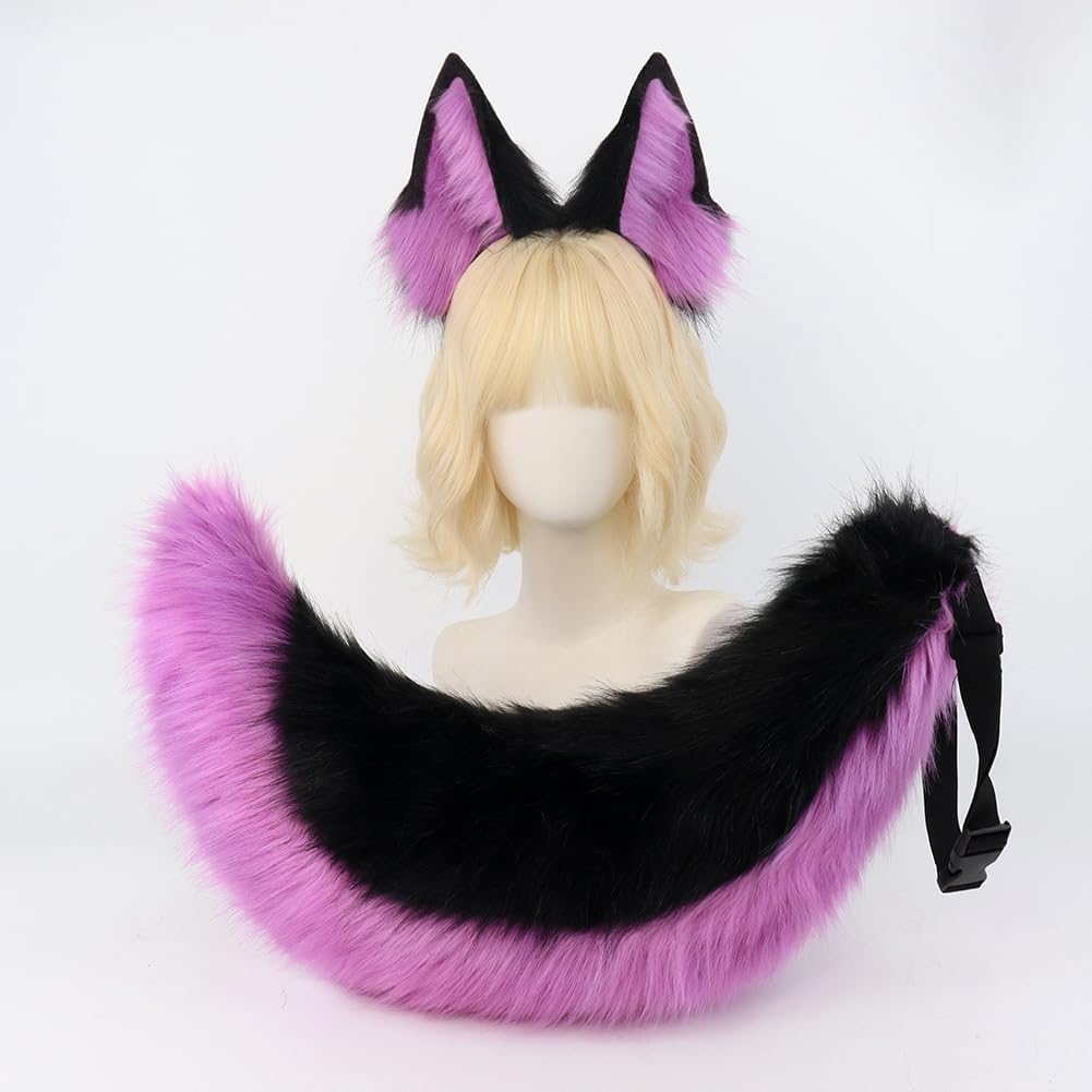 QinRuan Faux Fur Wolf Ears Headband Furry Dog Tail Set Animal Coustume Cospaly Halloween Party image 2