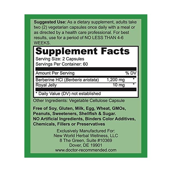 DOCTOR RECOMMENDED SUPPLEMENTS Berberine Plus 1200mg Per Serving - 120 Veggie Capsules with Royal Jelly