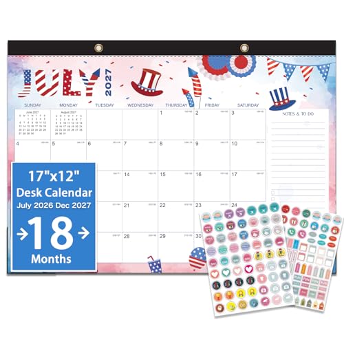 Desk Calendar 2026-2027- 18 Month Desk Calendar july 2026-2027 Dec 17 x 12 Large Monthly Desktop Calendar with Daily Blocks Thick Paper Corner Protectors (2 Stickers Included)