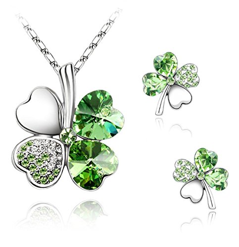 KATGI Austrian Crystal Four Leaf Clover Pendant Necklace and Earrings Set
